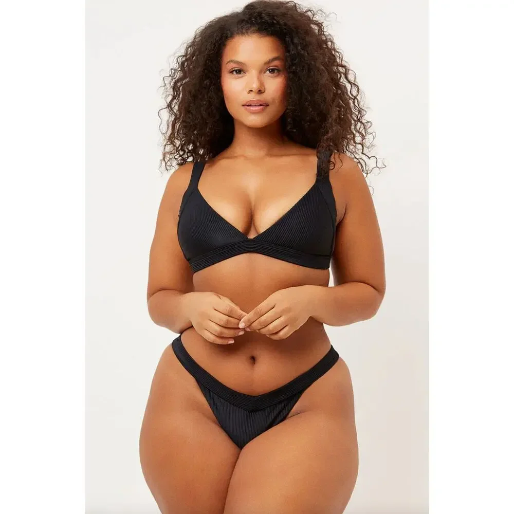 Frankies Bikinis Georgia Ribbed Bralette Bikini Top - Black - Large - NWT